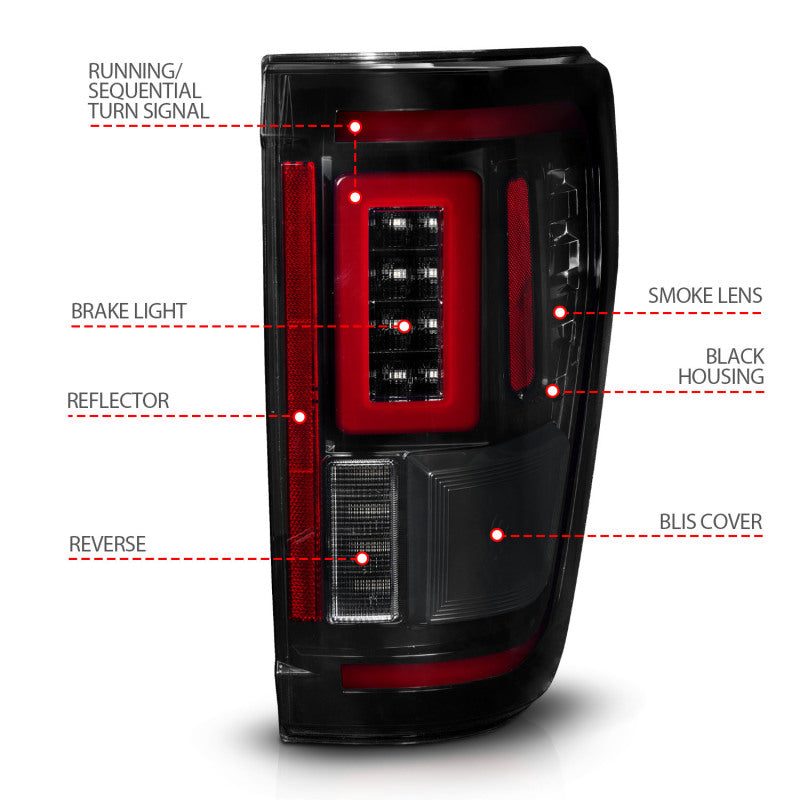 ANZO 21-23 Ford F-150 LED Taillights Seq. Signal w/BLIS Cover - Smoke Blk (For Factory Halogen ONLY)