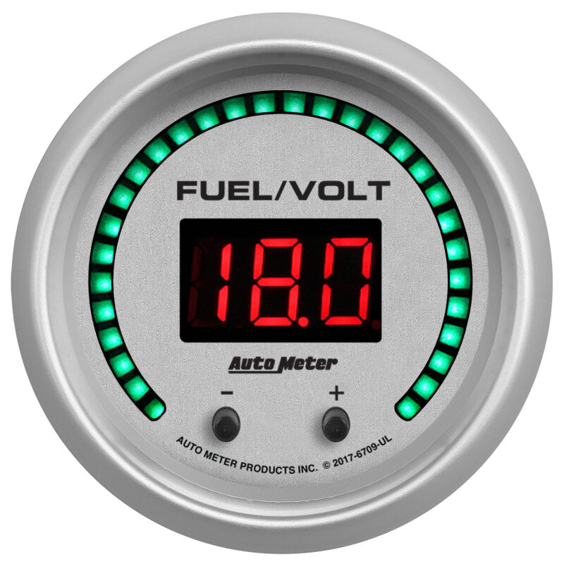 Autometer 52.4mm Silver Switchable 0-100 Fuel Level/8-18V Voltmeter Ultra-Lite Elite Digital Gauge