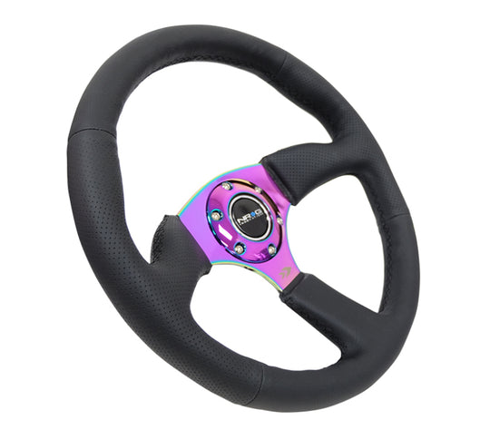 NRG Reinforced Steering Wheel (350mm / 2.5in. Deep) Leather Race Comfort Grip w/4mm Neochrome Spokes