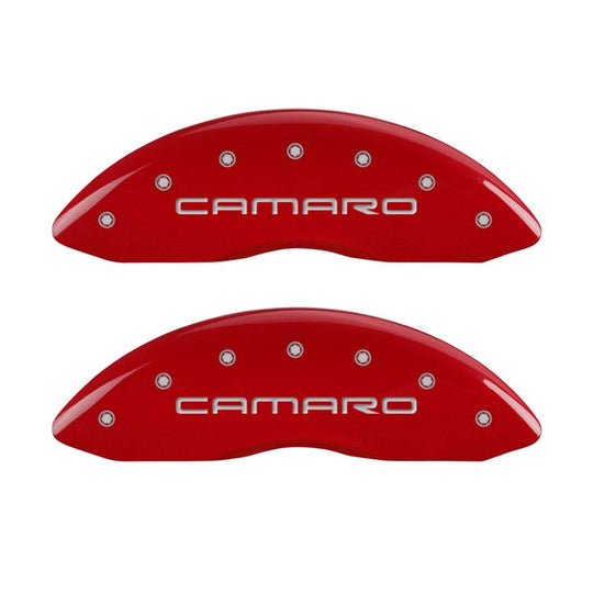 MGP 4 Caliper Covers Engraved Front Gen 4/Camaro Engraved Rear Gen 4/Z28 Red finish silver ch