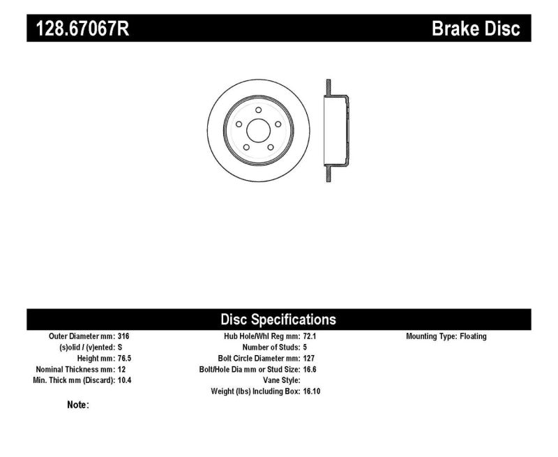 StopTech 12 Jeep Wrangler Rubicon Drilled Right Rear Rotor