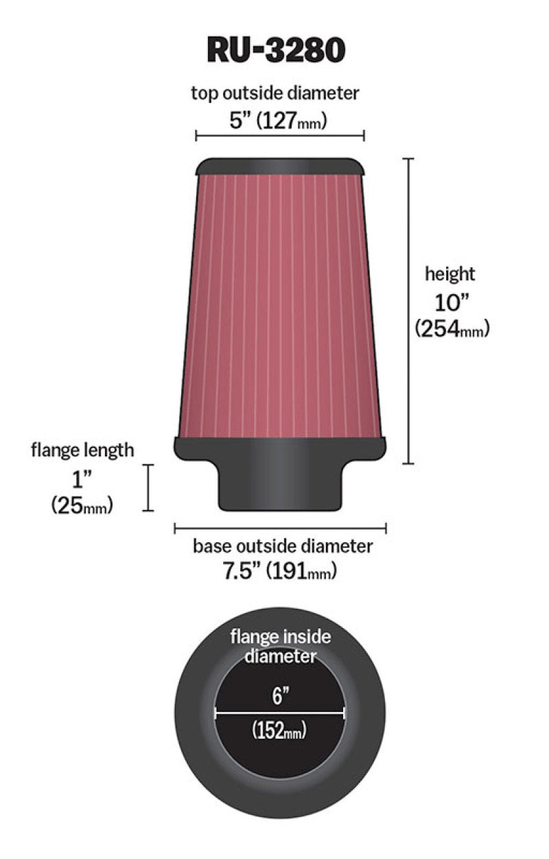 K&amp;N Filter Universal Rubber Filter 6 inch Flange 7.5 inch Base 5 inch Top 10 inch Height