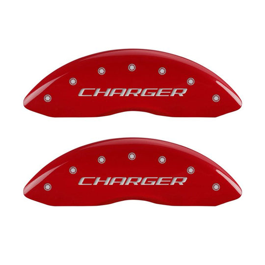 MGP 4 Caliper Covers Engraved Front Charger Engraved Rear RT Red finish silver ch