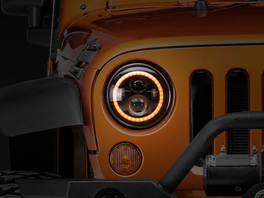 Raxiom 97-18 Jeep Wrangler TJ/JK Axial Halo Headlights w/ DRL Amber Signals- Blk Hsng (Clear Lens)