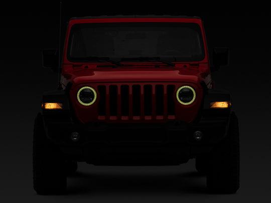 Raxiom 18-22 Jeep Wrangler JL/JT Axial 9-Inch LED Headlights w/RGB Halo- Blk Housing (Clear Lens)