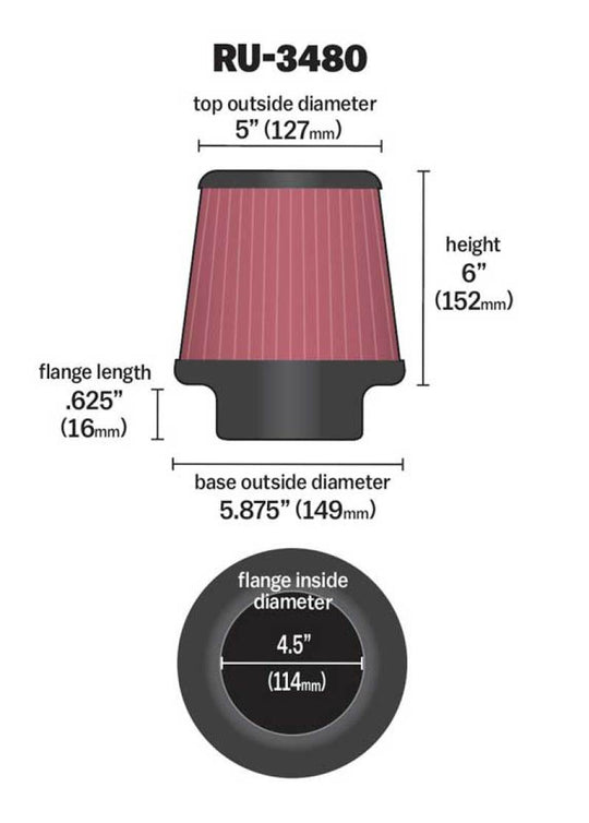 K&amp;N Universal Rubber Filter 4 1/2 inch FLG / 5 7/8 inch Base / 5 inch Top / 6 inch Height