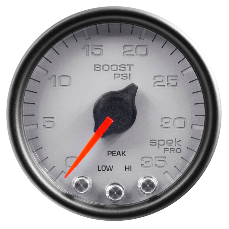 AutoMeter Gauge Boost 2-1/16in. 35PSI Stepper Motor W/Peak & Warn Silver/Blk Spek-Pro