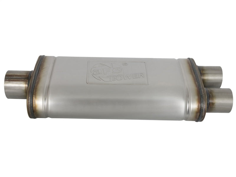 aFe MACHForce XP SS Muffler 3in Center Inlet / 2.5in Dual Outlets 18in L x 9in W x4in H Body