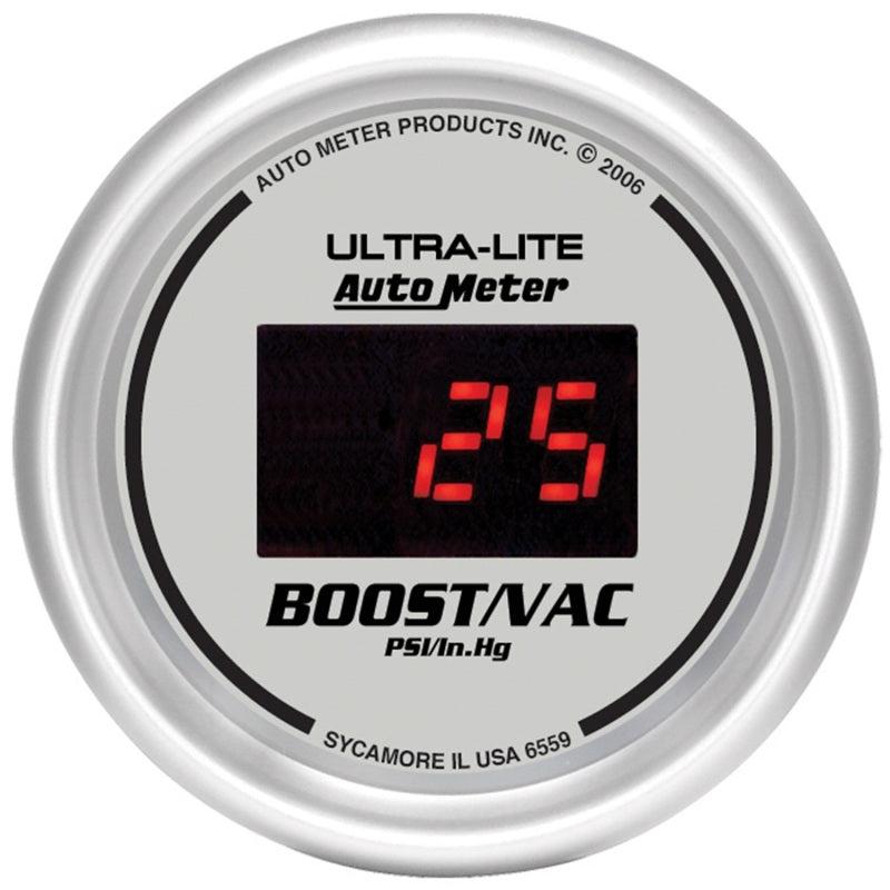 Autometer Ultra-Lite 2-1/16in 30INHG-30PSI Digital Silver Dial Vacuum/Boost Gauge w/ Red Led