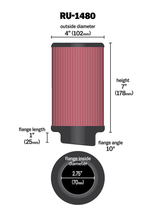 K&amp;N Filter Universal Rubber Filter 10 Degree Flange Angle 4in OD x 2.75in Flange ID x 7in H