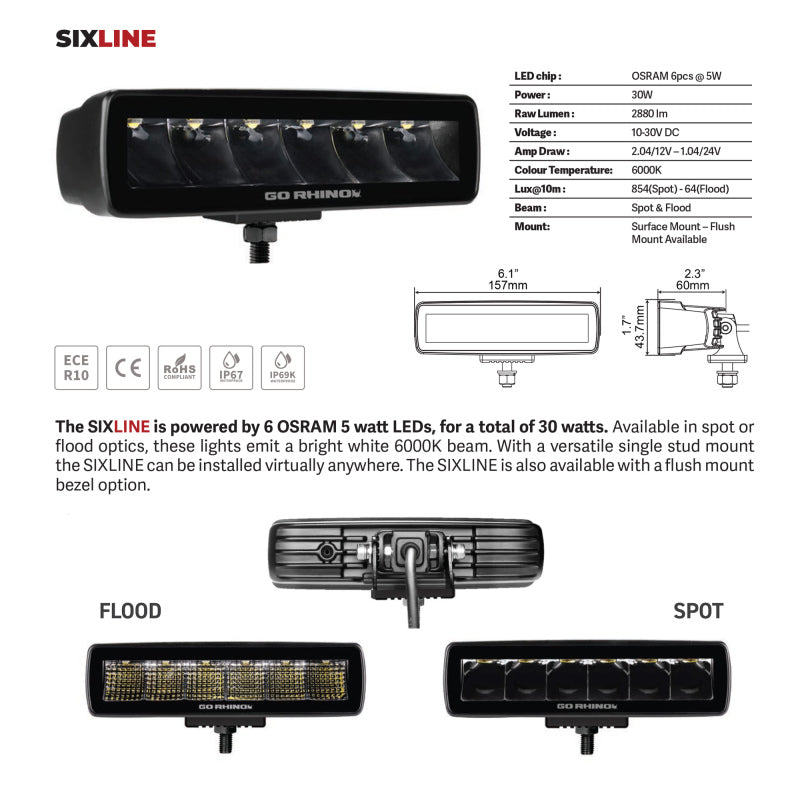 Go Rhino Xplor Blackout Series Sixline LED Flood Light Kit (Surface/Threaded Stud Mnt) - Blk (Pair)