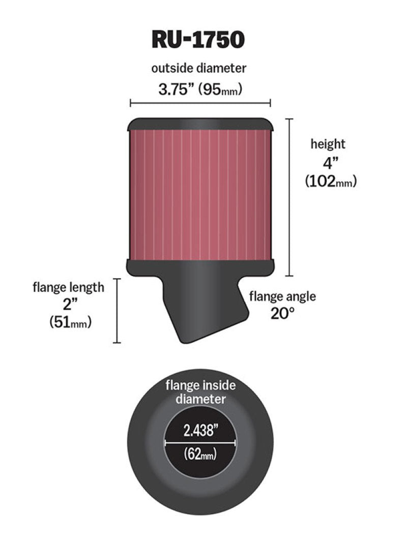 K&amp;N Filter Universal Rubber Round Straight Filter 20 Deg Angled 2-7/16in Flange 3-3/4in OD 4in H