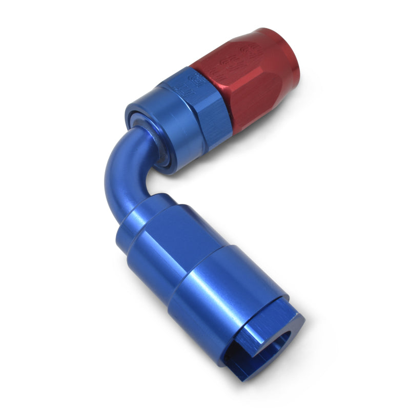 Russell Performance 3/8in SAE Quick Disc Female to -6 Hose Red/Blue 90 Degree Hose End