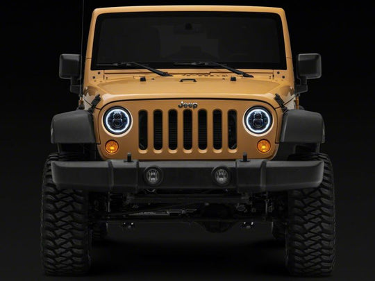 Raxiom 07-18 Jeep Wrangler JK Axial 7-In LED Headlights w/ DRL Turn Signals- Blk Housing (Clear)