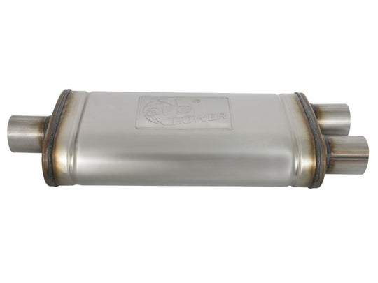 aFe MACHForce XP SS Muffler 2.5in Center Inlet / 2.5in Dual Outlets 18in L x 9in W x 4in H Body