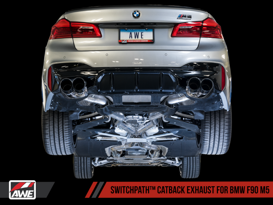 AWE Tuning 18-19 BMW M5 (F90) 4.4T AWD SwitchPath Cat-back Exhaust - Chrome Silver Tips