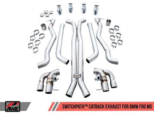 AWE Tuning 18-19 BMW M5 (F90) 4.4T AWD SwitchPath Cat-back Exhaust - Chrome Silver Tips