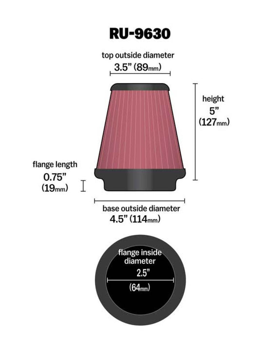 K&amp;N Universal Tapered Filter 2.5in Flange ID x 4.5in Base OD x 3.5in Top OD x 5in Height