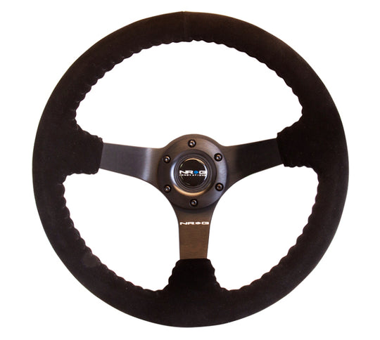 NRG Reinforced Steering Wheel (350mm / 3in. Deep) Blk Suede w/Blk BBall Stitch (Odi Bakchis Edition)