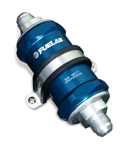 Fuelab 848 In-Line Fuel Filter Standard -6AN In/Out 40 Micron Stainless w/Check Valve - Blue