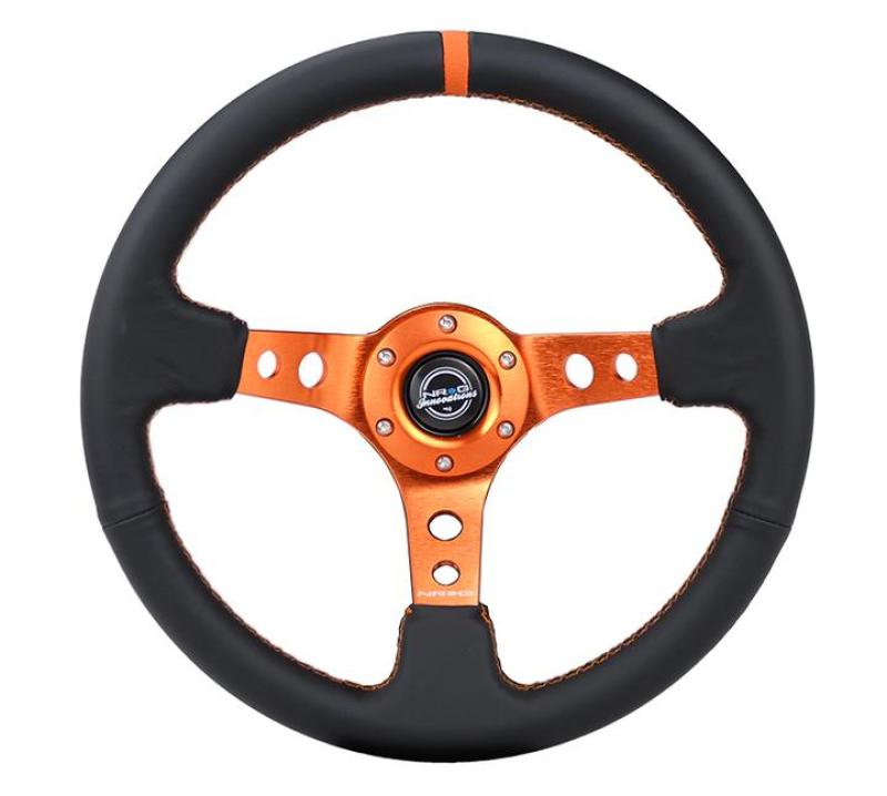 NRG Reinforce Steering Wheel (350mm / 3in. Deep) Blk Leather, Orange Center Mark w/ Orange Stitching