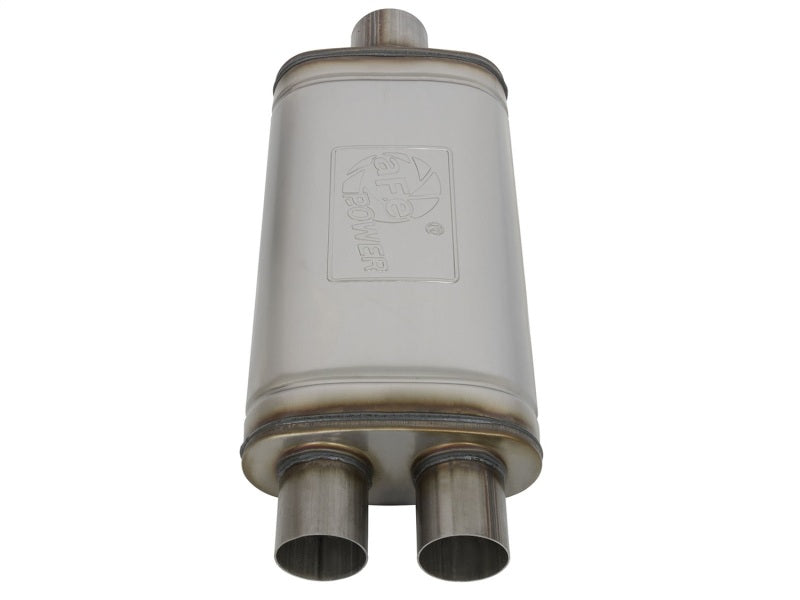 aFe MACHForce XP SS Muffler 3in Center Inlet / 2.5in Dual Outlets 18in L x 9in W x4in H Body