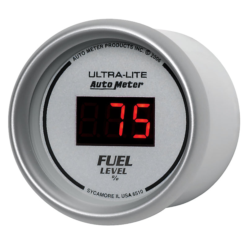 Autometer Ultra-Lite Digital 2-1/16in 0-280 OHM Silver Dial w/ Red LED Programmable Fuel Level Gage