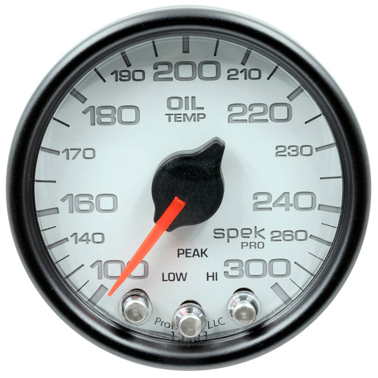 Autometer Spek-Pro Gauge Oil Temp 2 1/16in 300f Stepper Motor W/Peak & Warn Wht/Blk