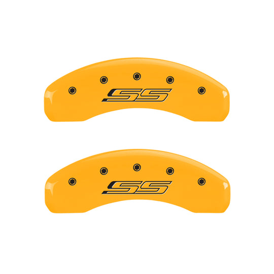 MGP 4 Caliper Covers Engraved Front Gen 5/Camaro Engraved Rear Gen 5/SS Yellow finish black ch