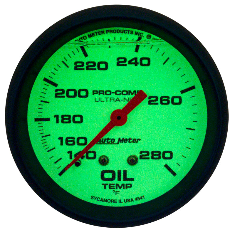 AutoMeter Gauge Oil Temp 2-5/8in. 140-280 Deg. F Liquid Filled Mech Glow In Dark Ultra-Nite