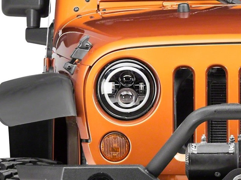 Raxiom 97-18 Jeep Wrangler TJ/JK Axial Halo Headlights w/ DRL Amber Signals- Blk Hsng (Clear Lens)