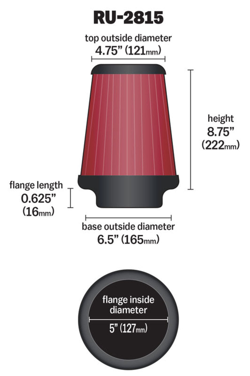 K&amp;N Universal Clamp-On Air Filter 5in FLG / 6-1/2in B / 4-3/8in T / 8-3/4in H