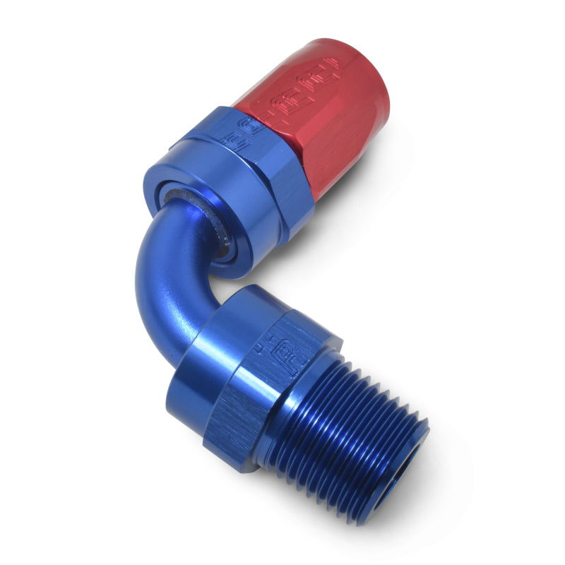 Russell Performance -10 AN Red/Blue 90 Deg Full Flow Swivel Pipe Thread Hose End (With 3/8in NPT)