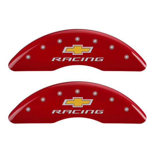 MGP 4 Caliper Covers Engraved Front & Rear Chevy Racing Red Finish Silver Char 2016 Chevrolet Camaro