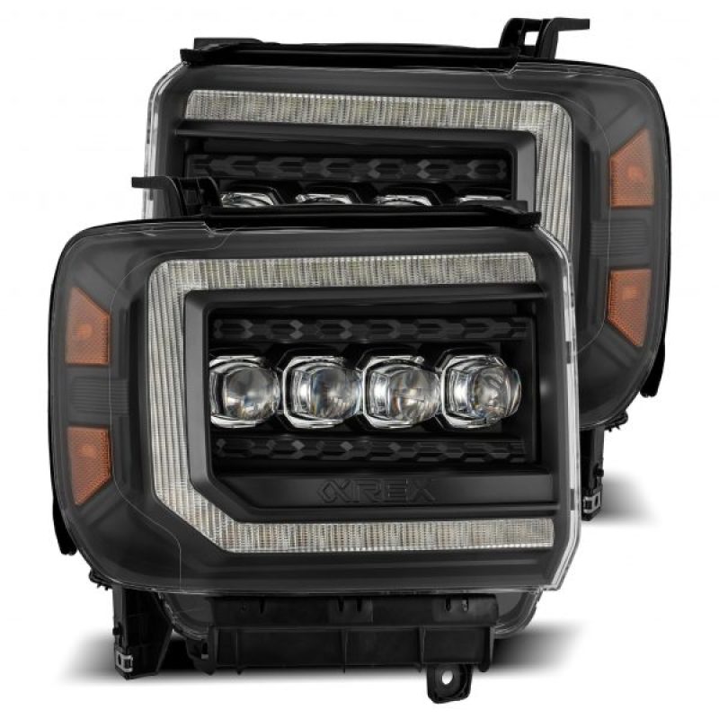 AlphaRex 14-18 GMC Sierra NOVA LED Proj Headlights Plank Style Black w/Activ Light/Seq Signal/DRL