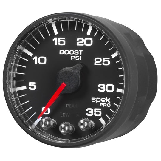 Autometer Spek-Pro Gauge Boost 2 1/16in 35psi Stepper Motor W/Peak & Warn Black/Black