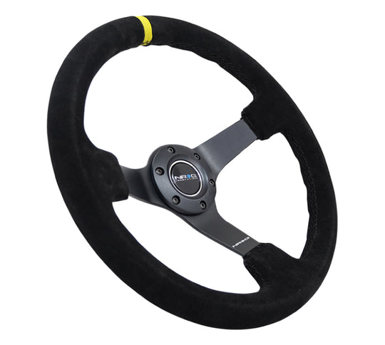 NRG Reinforced Steering Wheel (350mm / 3in. Deep) Blk Suede/X-Stitch w/5mm Blk Spoke & Yellow CM