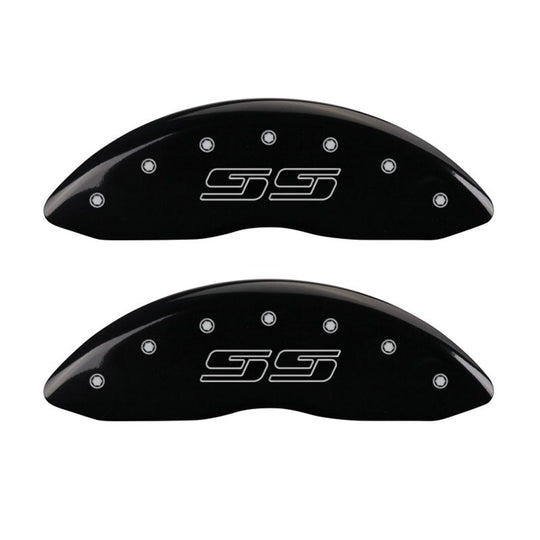 MGP 4 Caliper Covers Engraved Front & Rear Avalanche style/SS Black finish silver ch