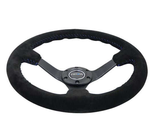 NRG Reinforced Steering Wheel (350mm / 3in. Deep) Blk Suede/Blue BBall Stitch w/5mm Matte Blk Spokes