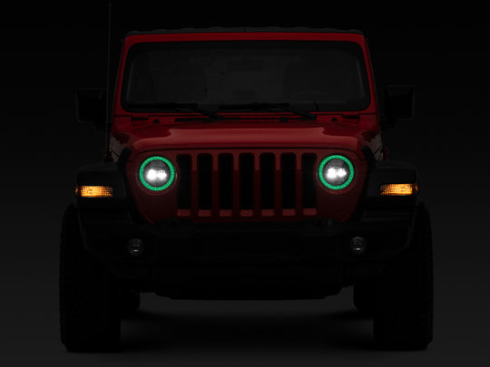 Raxiom 18-22 Jeep Wrangler JL/JT Axial 9-Inch LED Headlights w/RGB Halo- Blk Housing (Clear Lens)