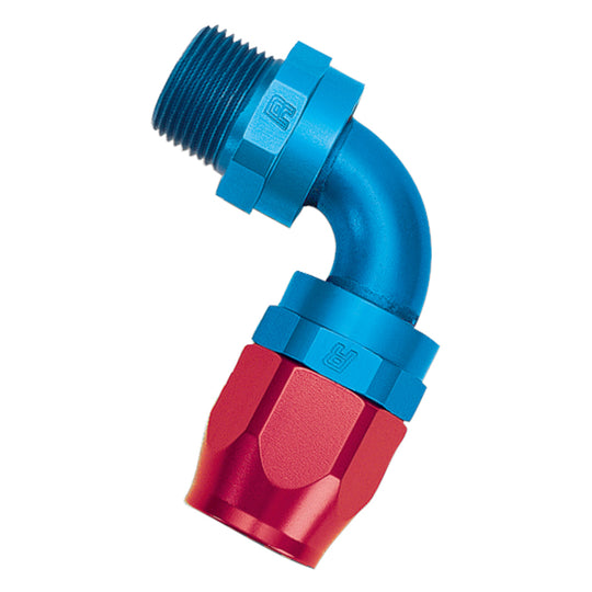 Russell Performance -10 AN Red/Blue 90 Deg Full Flow Swivel Pipe Thread Hose End (With 1/2in NPT)