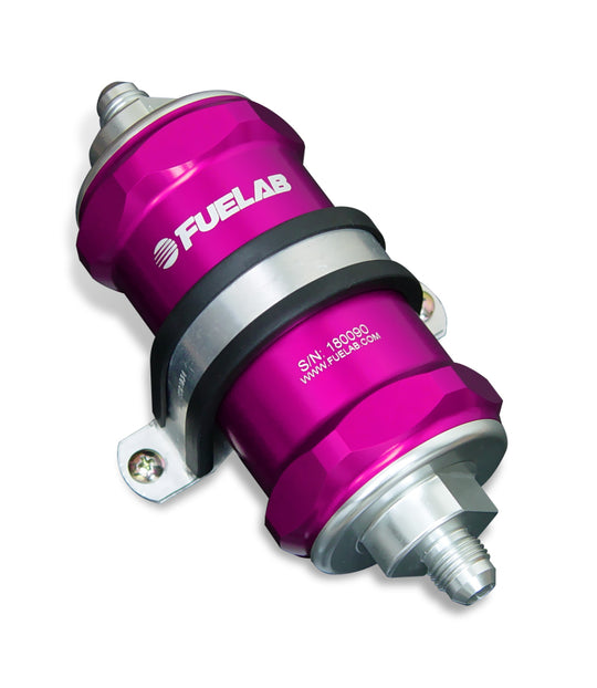 Fuelab 848 In-Line Fuel Filter Standard -6AN In/Out 100 Micron Stainless w/Check Valve - Purple