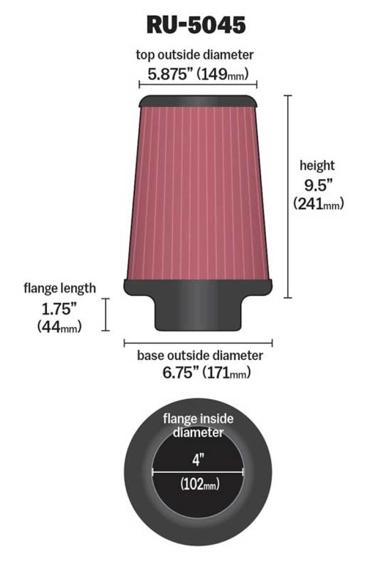 K&amp;N Filter 4 inch Flange 6 3/4 inch OD Base 5 7/8 inch OD Top 9 1/2 inch Height