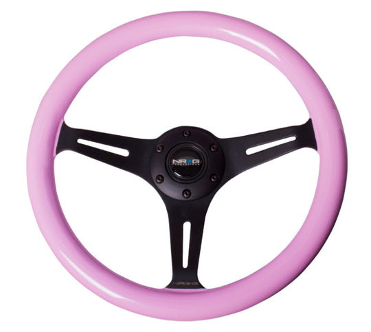 NRG Classic Wood Grain Steering Wheel (350mm) Solid Pink Painted Grip w/Black 3-Spoke Center