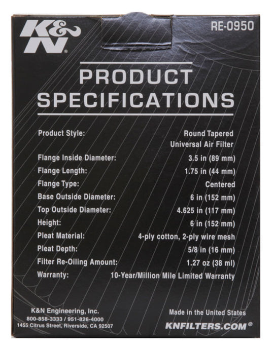 K&N Universal Rubber Filter 3 1/2inch ID FLG / 6inch Base / 4-5/8inch Top / 6inch Height