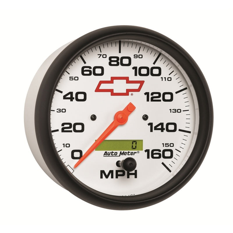 AutoMeter Gauge Speedometer 5in. 160MPH Elec. Programmable Chevy Red Bowtie White