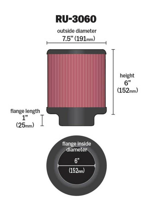 K&amp;N Universal Rubber Filter 6in Flange ID / 7.5in OD / 6in Height / Round Straight