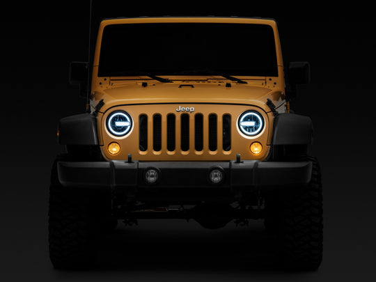 Raxiom 97-18 Jeep Wrangler TJ/JK 7-Inch LED Headlights w/ Halos- Black Housing (Clear Lens)