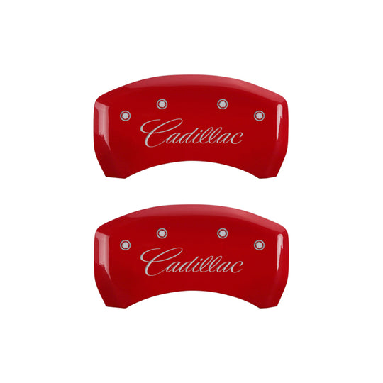 MGP 4 Caliper Covers Engraved Front & Rear Cursive/Cadillac Red Finish Silver Char 2016 Cadillac CT6