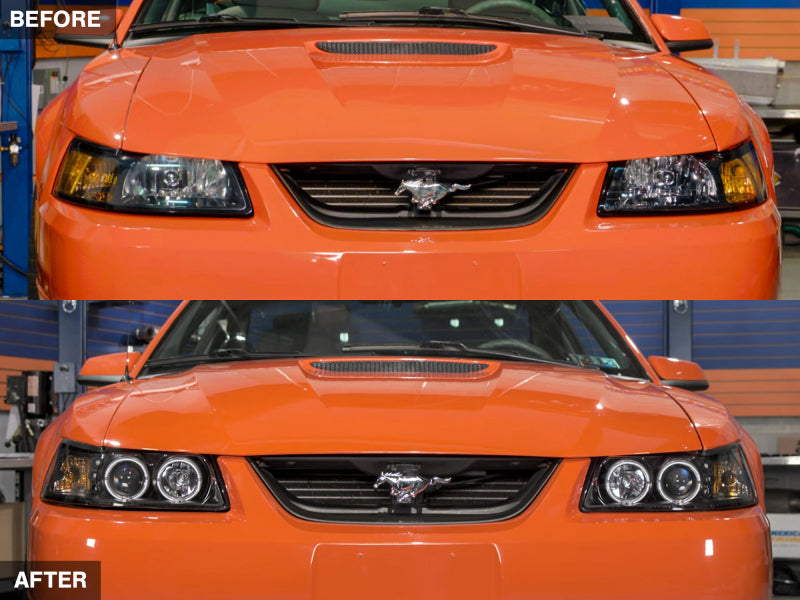 Raxiom 99-04 Ford Mustang Dual LED Halo Projector Headlights- Black Housing (Clear Lens)